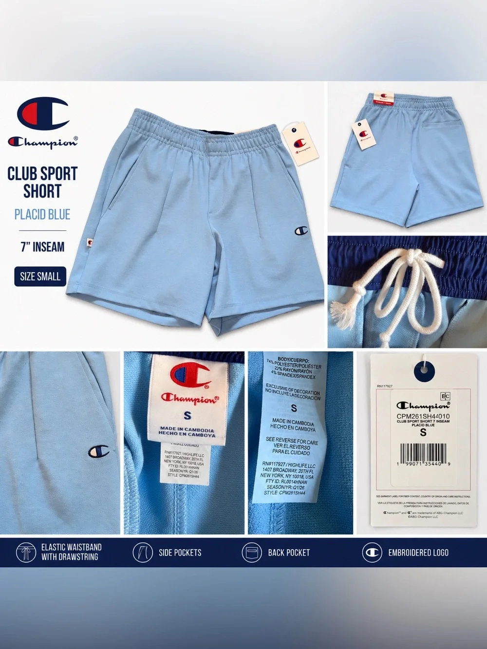 Champion Club Sport Shorts Placid Blue 7” Inseam NWT Size Small Drawstring